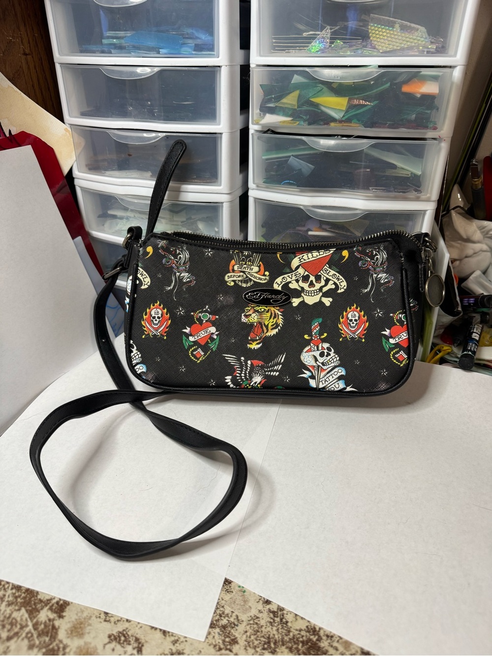 Ed Hardy Black Crossbody with Colorful Tattoo Motifs